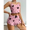 Pijama con Estampado de Corazones Transfronterizo, Camiseta sin Mangas Fina, Lindo Conjunto de Dos Piezas para el Hogar para Mujer