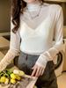 2023 Nuevo Otoño e Invierno Camiseta Básica de Malla Transparente de Cuello Alto de una Sola Capa de Manga Larga para Mujer con Top de Camiseta Pulóver Delgado