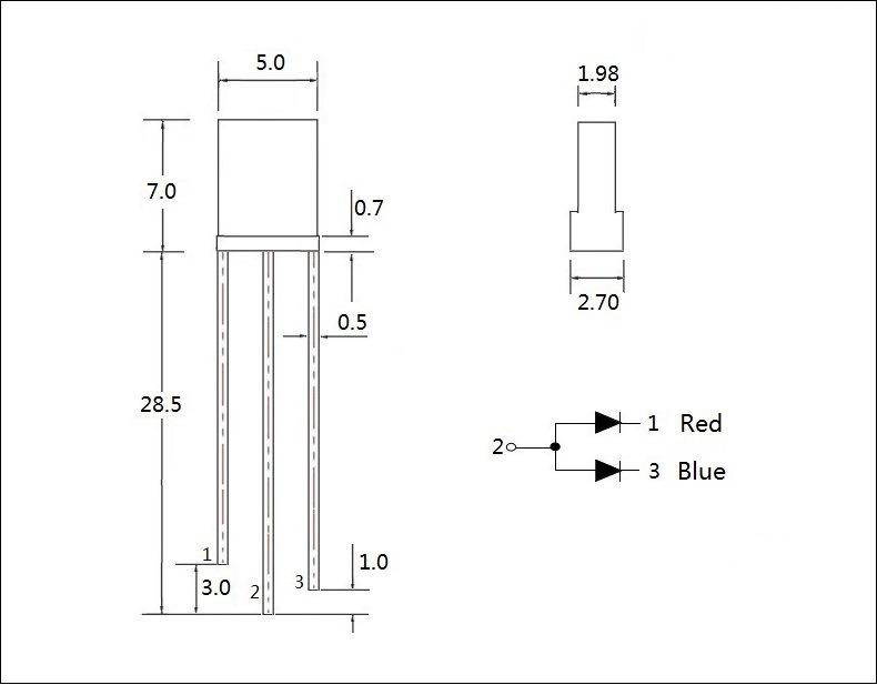 东莞2X5X7长方形直插红蓝双色灯珠三脚257led背光板指示灯方灯led灯珠生产厂家