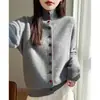 Cárdigan de Lana de Invierno para Mujer Botón Rojo Cálido Versátil Holgado Punto de Siete Puntos Cuello Alto Chaqueta de Punto Esponjosa Agradable al Tacto Engrosada Rosa