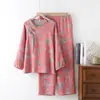 Pijama de jacquard teñido en hilo 100% algodón estilo nacional de manga larga y pantalón largo para mujer, conjunto fino de cuatro estaciones con cuello redondo, se puede usar para salir