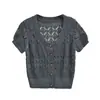 Cárdigan de Ganchillo Calado Estilo Europeo y Americano, Camiseta de Manga Corta para Mujer con Cuello Redondo y Botones, Corte Ajustado, Top Corto Versátil