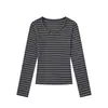 Camiseta de Manga Larga con Retazos Rayados Estilo Retro Americano para Mujer, Ajustada para Primavera, Ceñida a la Cintura, Top Básico Juvenil Casual