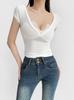 Camiseta de encaje con cuello en V de Pure Spice Girl para mujer, verano 2024, corte entallado, combinable, corta, con el pecho al descubierto, top moderno