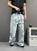 Jeans retro azul lavado com efeito desgastado bigode de gato, unissex, estilo de rua americano, design de nicho, perna reta, caimento solto, calça comprida, estilo casal