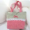 Bolsa de Mão com Laço em Xadrez de Renda Estilo Coreano, Bolsa Versátil e Doce, Bolsa de Armazenamento para Viagem, Necessaire para Batom