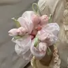 Design em Forma de Botão~Lindo Scrunchie de Tule com Estampa de Tulipa para Mulheres, Toque de Luxo, Acessório de Cabelo Grande Rosa de Verão, Elástico de Cabelo