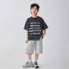 Nova Roupa de Verão 2026 da Haima para Crianças Meninos Camiseta de Algodão Puro com Listras Manga Curta Estilo Coreano Roupa de Verão para Crianças Mais Velhas