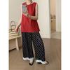 Calça Doce e Fashion com Design Estilo Francês 2026 Verão Novo Cintura Alta Renda Patchwork Bolinhas Perna Larga Casual
