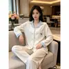 Pijama de otoño e invierno para mujer DeRong, cárdigan de solapa con dibujos animados, conjunto de ropa para el hogar de manga larga, popular en las transmisiones en vivo de Douyin y Xiaohongshu