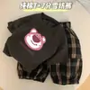 Conjunto de Verão de Algodão Puro de Manga Curta, Novo Estilo de Verão para Meninas e Bebês, Roupa Fina, Conjunto de Duas Peças com Camiseta e Calça Cropped