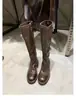 Botas de montar retro para mujer de cuero de vaca lavado, punta redonda, detalle de hebilla, suela gruesa, caña alta, botas largas, tacón grueso, botas ajustadas