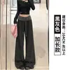 Pantalones de pierna ancha a rayas negras y grises para mujer Otoño 2026 Nuevos de cintura alta Petite Parche en la cintura Caída hasta el suelo Casual