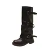 Botas compridas femininas com fivela estilo coreano, nova coleção outono/inverno 2026, efeito emagrecedor, salto baixo, bico redondo, marrom, estilo britânico