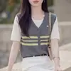 Camiseta Falsa de Dos Piezas de Manga Corta para Mujer, Holgada Casual, Lino de Bambú, Fresca, Transpirable, Delgada, Bloque de Color, Camiseta de Manga Corta