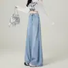 Jeans Vintage Azul Escuro de Perna Larga Grande Feminino Moda Primavera e Verão Novo Estilo Cintura Alta Afundada Calças Afundadas Soltas