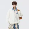Camisa polo de ganga com blocos de cor estilo retro americano, falsa peça dupla, manga comprida para homem, sweatshirt com fecho de correr parcial texturizada, corte largo, tendência