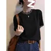 Camisa Elegante de Manga Curta com Patchwork de Renda Preta Estilo Francês 2026 Verão Pulôver Top Estiloso para o Trabalho Blusa Rejuvenescedora