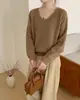 Suéter de tricô estilo coreano com gola V e mangas compridas para mulheres, pulôver justo, novo top básico simples de outono 2026