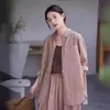 Camisa de Lino Rosa Rayas Finas Holgada Talla Grande Adelgazante Cuello Pequeño Manga Larga Retro Original para Mujer