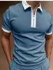 Moda Masculina Listrada de Manga Curta Cruzada Gola Lapela Top com Zíper Masculino Verão