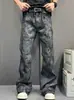 Jeans de Micro-Flare Lavado Desgastado Estilo de Rua Revestido Vibe Retrô Americano Calças Masculinas Largas de Cintura Alta Comprimento Total