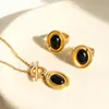 Colar com Pingente Oval de Ágata Banhado a Ouro em Aço Inoxidável com Fecho de Argola Anel Conjunto de Joias Fashion Retrô Decoração para Mulheres