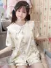 Pijama de dibujos animados estilo japonés Rilakkuma para mujer, conjunto de verano con cuello de muñeca, manga corta y shorts con ribete de encaje, ropa de casa para estudiantes