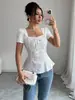Roupas Femininas Transfronteiriças Europeias e Americanas Moda Verão Elegante Casual Camisa de Renda Gola Quadrada Laço Manga Curta Top