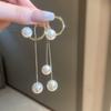 Aretes Largos de Borla Metálica con Perla de Imitación Vintage Aguja de Plata Elegantes Aretes Elegantes de Alta Gama para Mujeres
