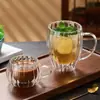Taza de Vidrio de Doble Capa con Rayas en Forma de Huevo con Asa para Uso Doméstico, Taza de Café, Taza de Leche, Taza de Vidrio para Infusiones de Flores