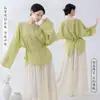 Nueva camisa de estilo chino con cuello redondo, cordón y manga larga para mujer, ropa de práctica de danza clásica estilo nacional, top de baile entallado a la cintura