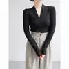 Suéter de punto para mujer con cuello en V, elegante top de punto ajustado de manga larga para otoño e invierno, hombro normal, negro, talla única