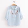 Ropa de Verano 2025 Estilo Japonés Camisa de Gasa de Algodón de Manga Tres Cuartos para Mujer Holgada Flor Bordada Algodón Puro Camisa de Manga Corta