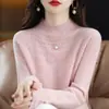 Suéter de Lana para Mujer con Cuello Semi Alto, Camiseta Base de Punto Cachemir Sin Costuras Adelgazante, Top Holgado Calado de Otoño e Invierno