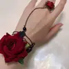 Joyería de Mano Gótica Punk Vintage Moda Pulsera de Encaje Flor de Color Rojo Vino Anillo de Rosa Roja Pulsera de Muñequera de Una Pieza