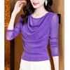 2024 otoño nueva moda versátil cuello oscilante seda brillante manga larga slim adelgazante malla hermosa camisa básica de mujer para mujer