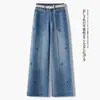 Jeans de pierna ancha bordados azul claro hechos a medida para mujer, nuevos pantalones de otoño más vendidos, de cintura alta, adelgazantes, corte recto estrecho