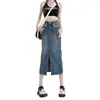 Saia Midi Jeans Nova Estilo Europeu e Americano, Cintura Alta, Confortável, Saia Evasê Emagrecedora para Mulheres Baixas