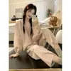 Pijama xadrez floral para mulheres, conjunto de manga longa para primavera e outono, roupa de casa doce com renda, estilo celebridade da internet, atacado transfronteiriço