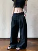 Calça Casual Listrada de Cintura Dupla High-End Estilo Retrô Americano para Homens e Mulheres, Caimento Solto Elegante Calça de Cintura com Cordão de Perna Larga