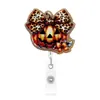 Porta-credencial retráctil de acrílico con estampado de leopardo y calabaza para Halloween, con clip de cocodrilo giratorio, regalo transfronterizo