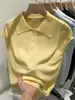 Estilo Coreano Estilo Perezoso Azul Dopamina Cuello Solapa Manga Corta Tejido para Mujer Verano 2025 Nuevo Único y Hermoso Top
