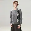 ¡Protagonista femenina gentil y elegante! Cárdigan de cachemira con patrón de rombos en color contrastante jacquard para mujer, suéter retro suave y esponjoso, simple y casual