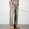 Jeans Retro Estilo Americano para Hombre Holgados Rectos Lavado Teñido Barro Amarillo Pantalones de Pierna Ancha con Forro Polar Engrosados Marca de Moda Estilo Otoño e Invierno
