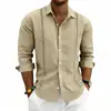 Camisa Masculina de Linho Respirável Amazon para Primavera e Outono com Design Vintage de Recorte Lateral, Gola Reversível, Manga Longa, Top Casual