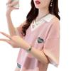 Camiseta Patchwork Waffle de Design Exclusivo com Manga Curta para Mulheres, Novo Estilo Verão 2026, Moda Plus Size com Gola Polo