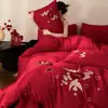 Conjunto de Quatro Peças para Casamento Grande Vermelho Algodão Amigo da Pele Bordado Capa de Edredom Novo Estilo Chinês Algodão Puro Escovado Roupa de Cama para Quarto de Casamento Enxoval