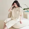 Pijama de Verão para Mulheres, 100% Algodão Puro, Gola Redonda, Manga Curta, Calça Caprichada, Modelagem Solta, Estampado, Conjunto de Loungewear 100% Algodão, Adequado para Usar Fora