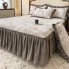 Saia de Cama Acolchoada de Algodão Lavado Cloud-Sense Fio Enrugado Renda Colcha Cobertura de Cama Antiderrapante Protetor de Colchão de Três Peças